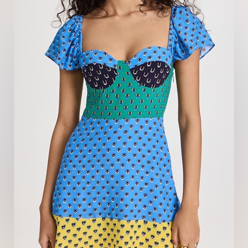 STAUD Blue Green Yellow Mixed-Print Sweetheart Dress
